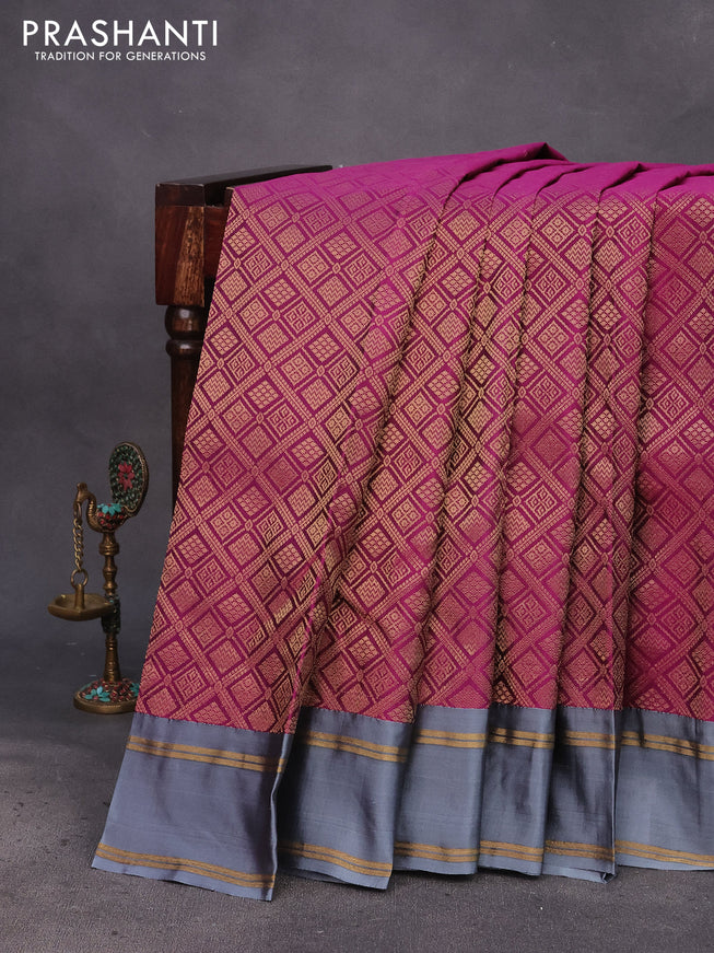 Kanchipuram silk saree purple and grey with allover zari woven brocade weaves and rettapet zari woven border