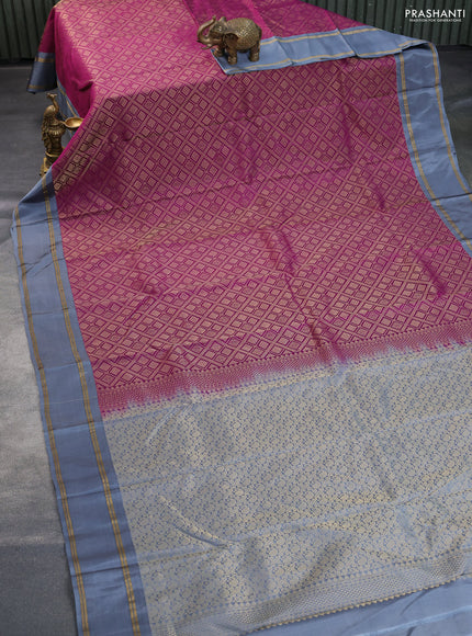 Kanchipuram silk saree purple and grey with allover zari woven brocade weaves and rettapet zari woven border