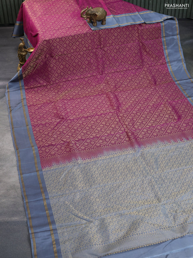 Kanchipuram silk saree purple and grey with allover zari woven brocade weaves and rettapet zari woven border