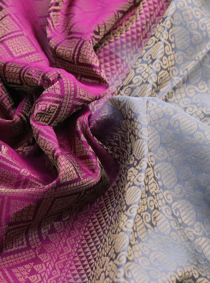 Kanchipuram silk saree purple and grey with allover zari woven brocade weaves and rettapet zari woven border