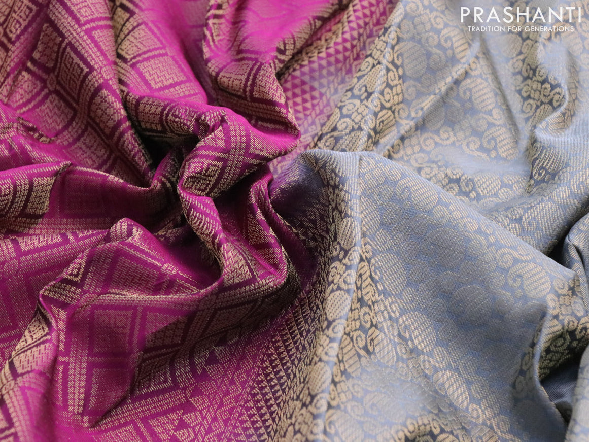 Kanchipuram silk saree purple and grey with allover zari woven brocade weaves and rettapet zari woven border