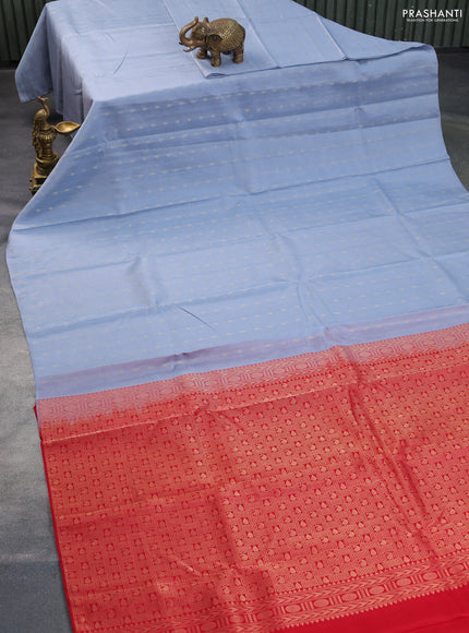 Kanchipuram silk saree grey and red with allover zari weaves in borderless style