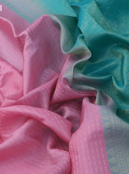 Kanchipuram silk saree light pink and teal blue with allover zari weaves in borderless style