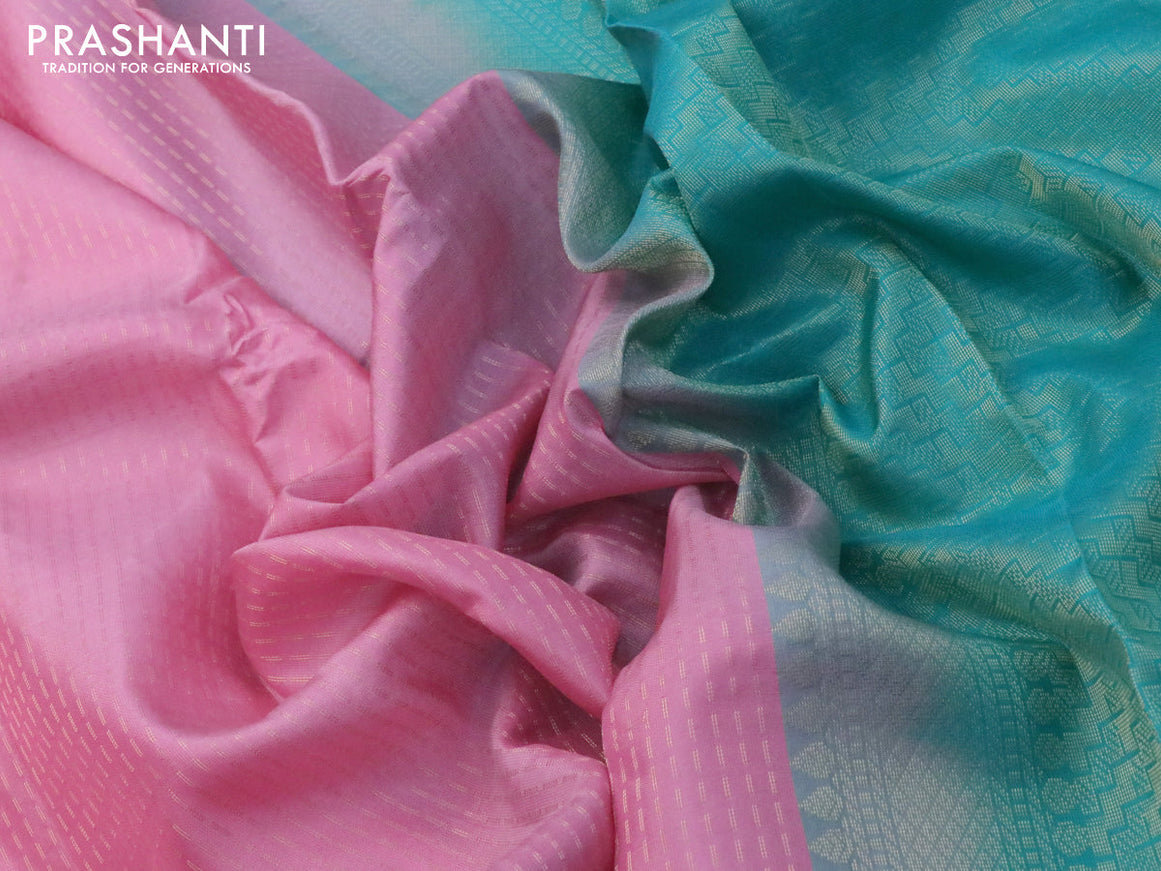 Kanchipuram silk saree light pink and teal blue with allover zari weaves in borderless style