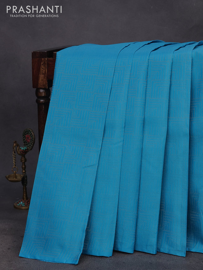 Kanchipuram silk saree blue and light pink with allover zari woven brocade weaves in borderless style