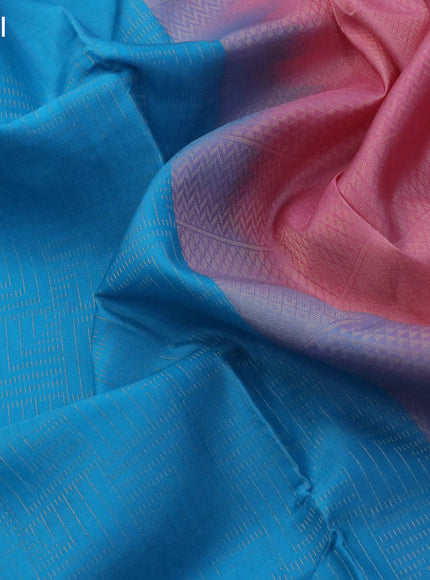 Kanchipuram silk saree blue and light pink with allover zari woven brocade weaves in borderless style