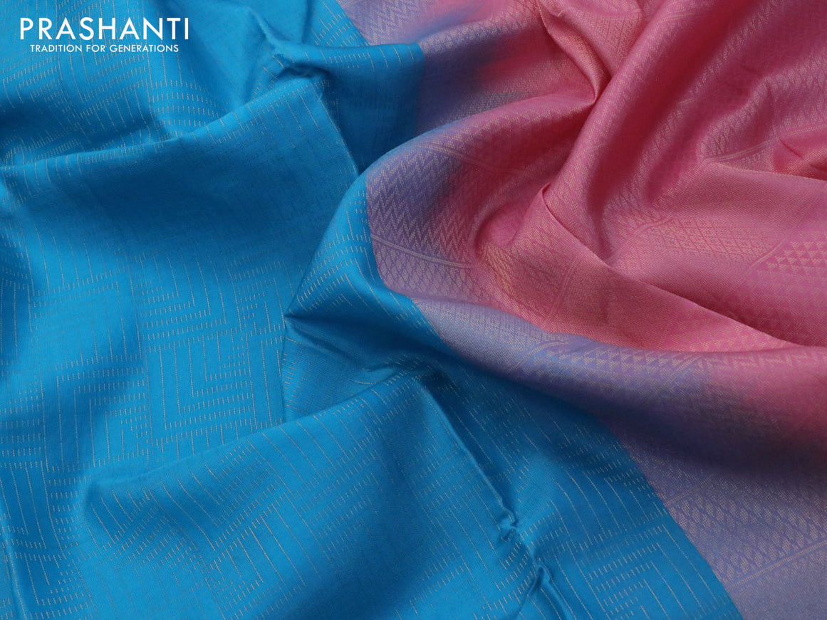 Kanchipuram silk saree blue and light pink with allover zari woven brocade weaves in borderless style