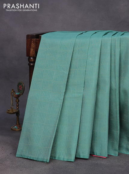 Kanchipuram silk saree pastel green shade and light pink with allover zari woven brocade weaves in borderless style