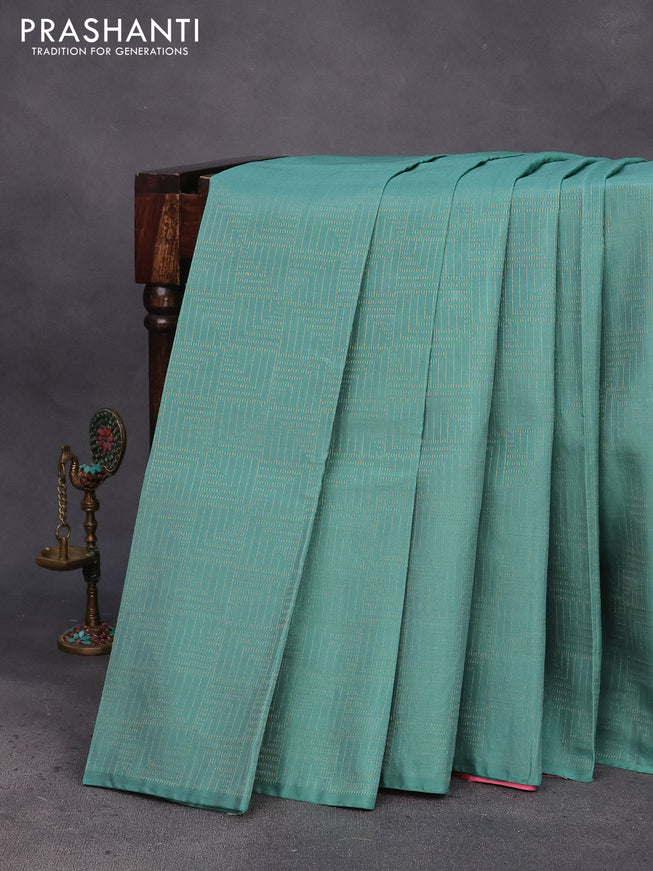 Kanchipuram silk saree pastel green shade and light pink with allover zari woven brocade weaves in borderless style