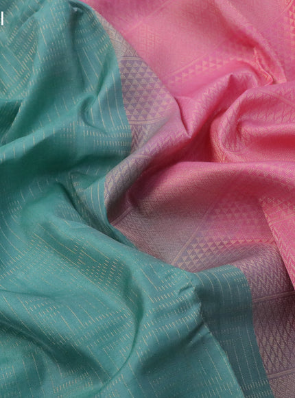 Kanchipuram silk saree pastel green shade and light pink with allover zari woven brocade weaves in borderless style