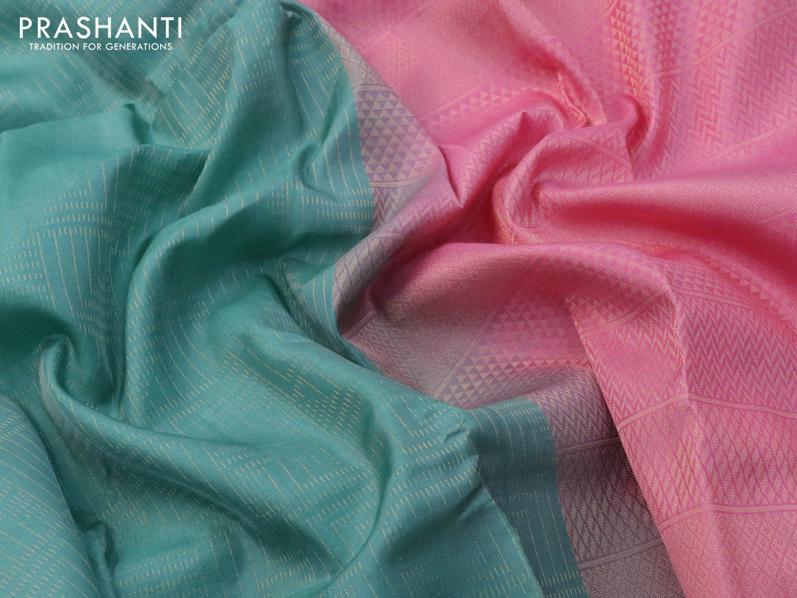 Kanchipuram silk saree pastel green shade and light pink with allover zari woven brocade weaves in borderless style