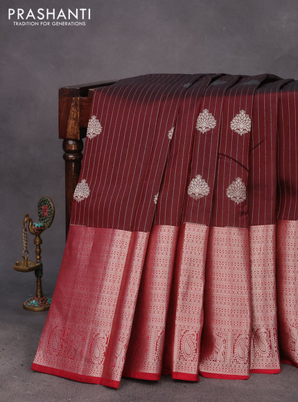 Kanchipuram silk saree deep maroon and maroon with allover silver zari strip weaves & buttas and long silver zari woven border