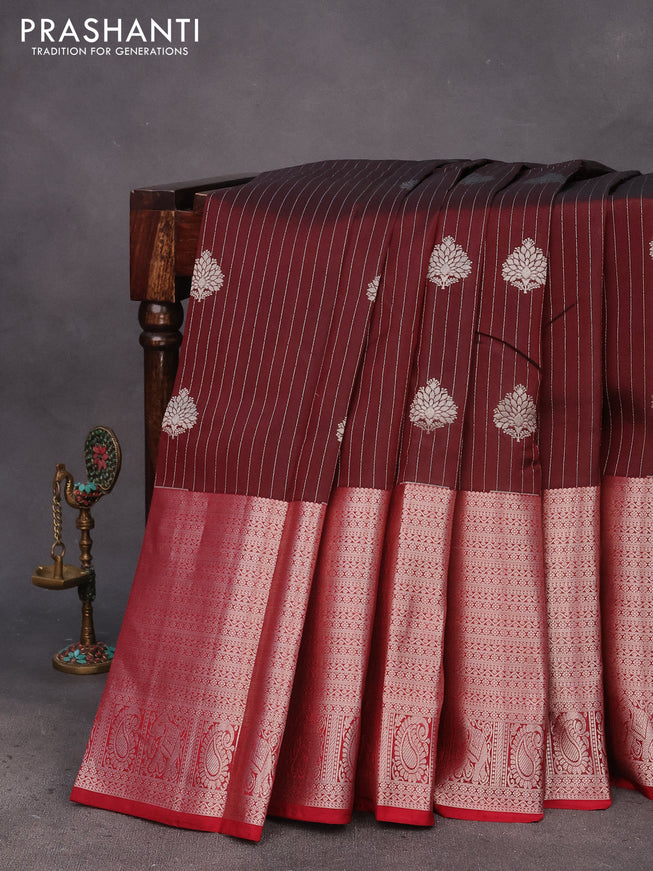 Kanchipuram silk saree deep maroon and maroon with allover silver zari strip weaves & buttas and long silver zari woven border