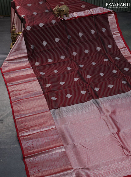 Kanchipuram silk saree deep maroon and maroon with allover silver zari strip weaves & buttas and long silver zari woven border