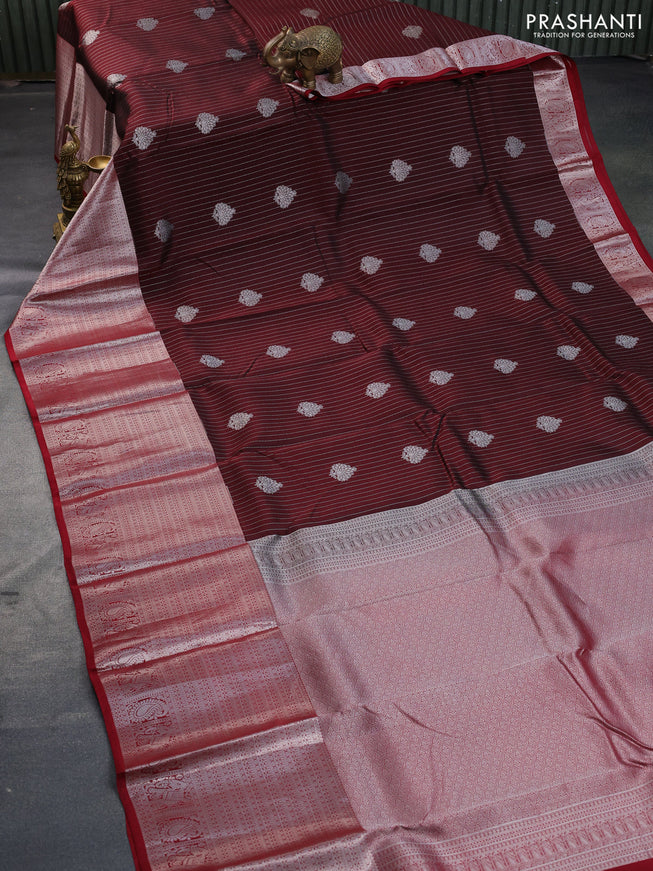 Kanchipuram silk saree deep maroon and maroon with allover silver zari strip weaves & buttas and long silver zari woven border