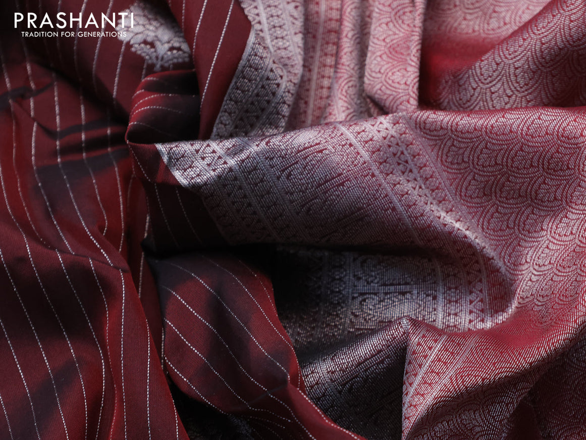 Kanchipuram silk saree deep maroon and maroon with allover silver zari strip weaves & buttas and long silver zari woven border