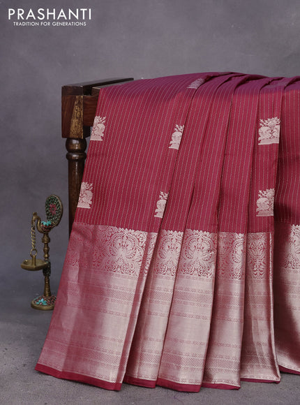 Kanchipuram silk saree maroon and green with allover silver zari strip weaves & buttas and long silver zari woven border