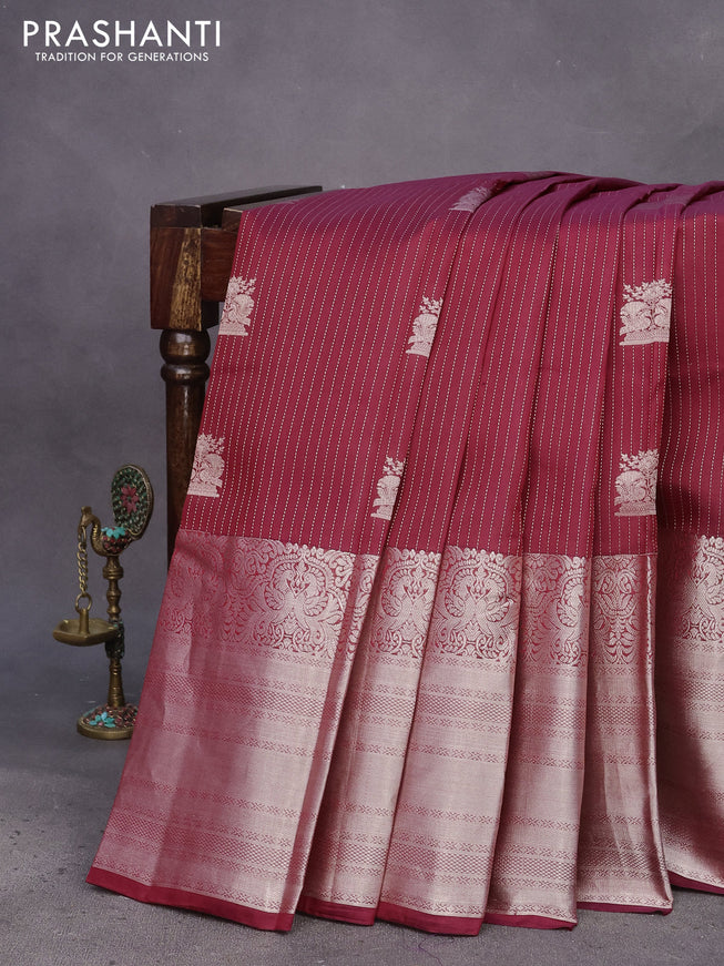 Kanchipuram silk saree maroon and green with allover silver zari strip weaves & buttas and long silver zari woven border