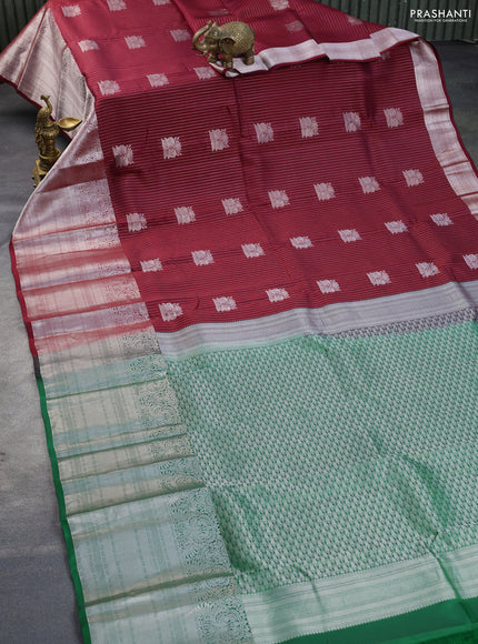 Kanchipuram silk saree maroon and green with allover silver zari strip weaves & buttas and long silver zari woven border