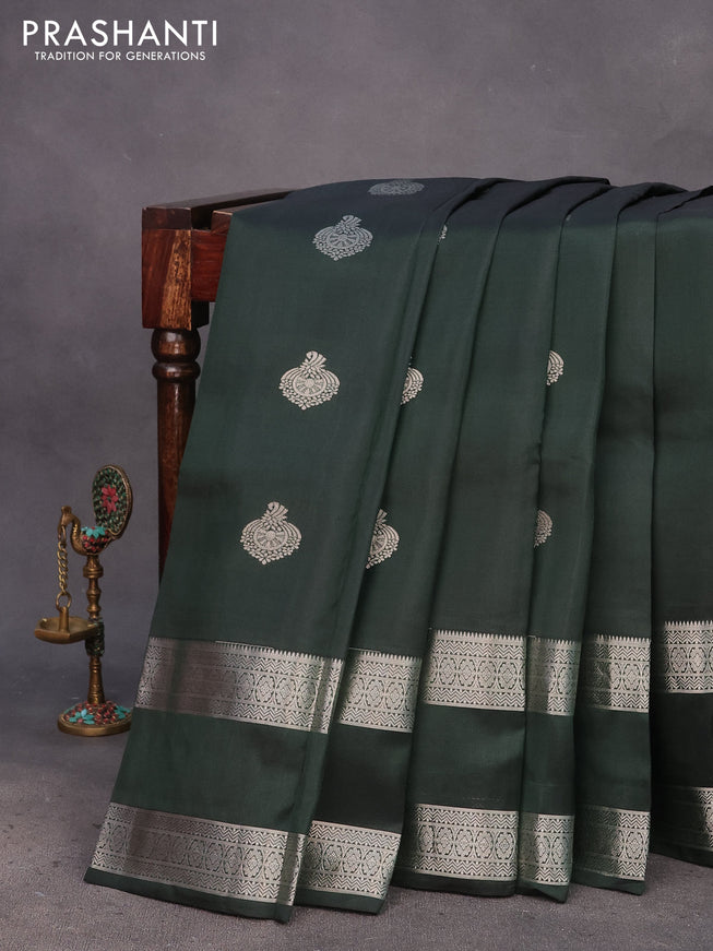 Kanchipuram silk saree dark bottle green and lavender with silver zari woven buttas and rettapet silver zari woven border