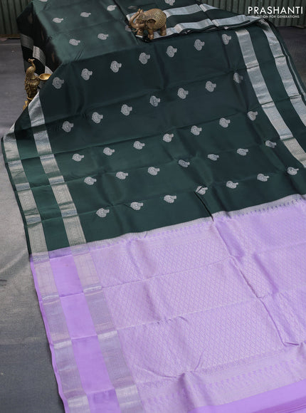 Kanchipuram silk saree dark bottle green and lavender with silver zari woven buttas and rettapet silver zari woven border