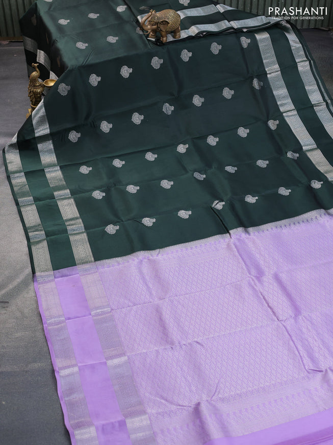 Kanchipuram silk saree dark bottle green and lavender with silver zari woven buttas and rettapet silver zari woven border