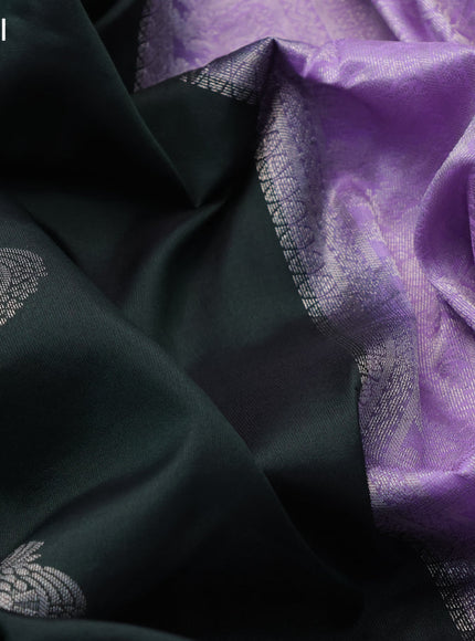 Kanchipuram silk saree dark bottle green and lavender with silver zari woven buttas and rettapet silver zari woven border