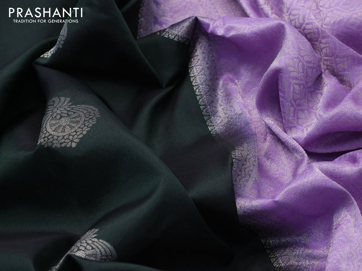 Kanchipuram silk saree dark bottle green and lavender with silver zari woven buttas and rettapet silver zari woven border