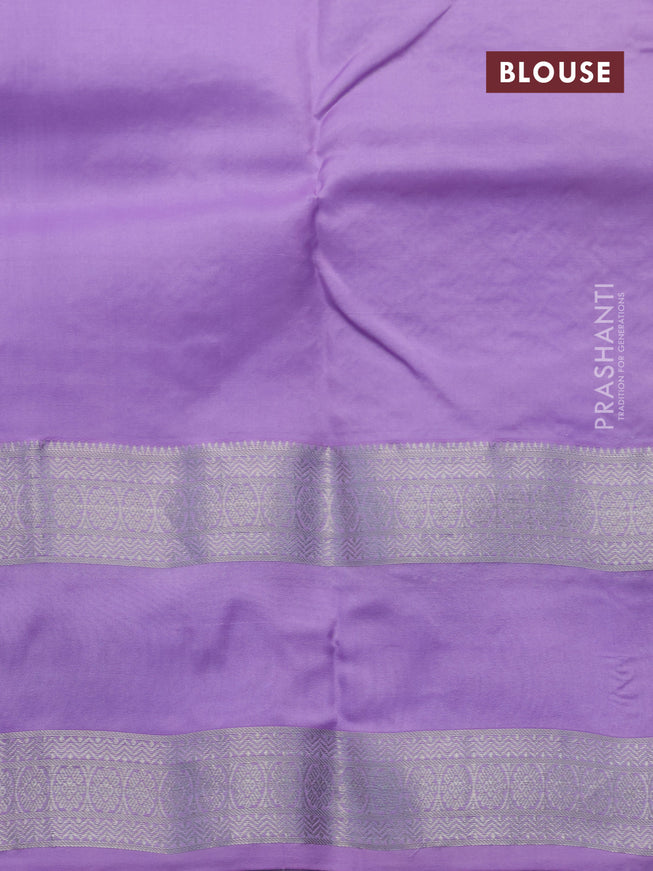 Kanchipuram silk saree dark bottle green and lavender with silver zari woven buttas and rettapet silver zari woven border