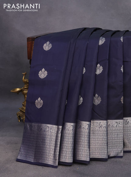 Kanchipuram silk saree navy blue and beige with silver zari woven buttas and silver zari woven border