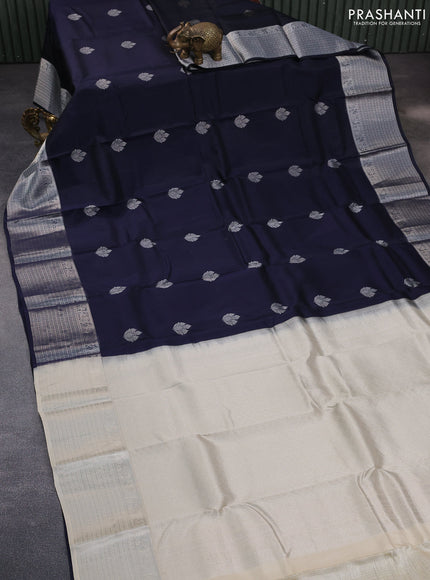 Kanchipuram silk saree navy blue and beige with silver zari woven buttas and silver zari woven border