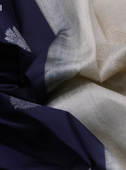 Kanchipuram silk saree navy blue and beige with silver zari woven buttas and silver zari woven border