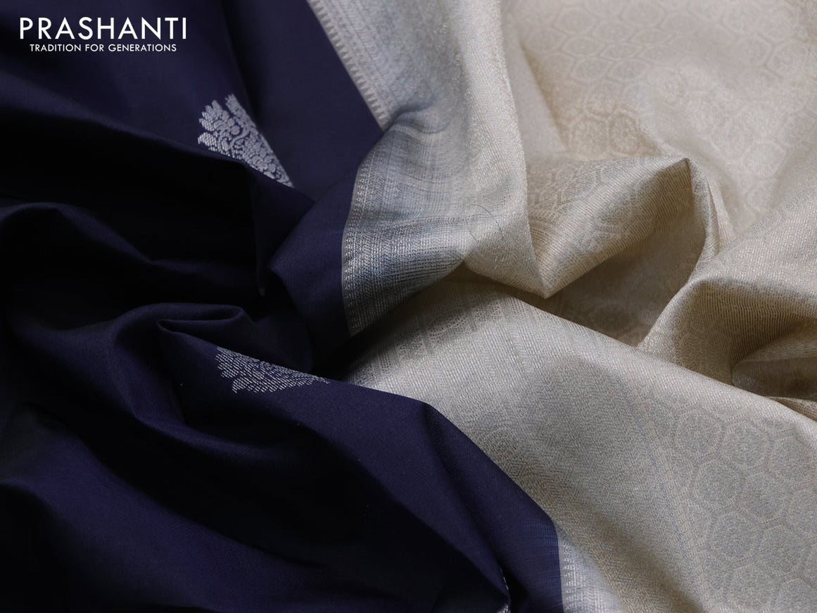 Kanchipuram silk saree navy blue and beige with silver zari woven buttas and silver zari woven border