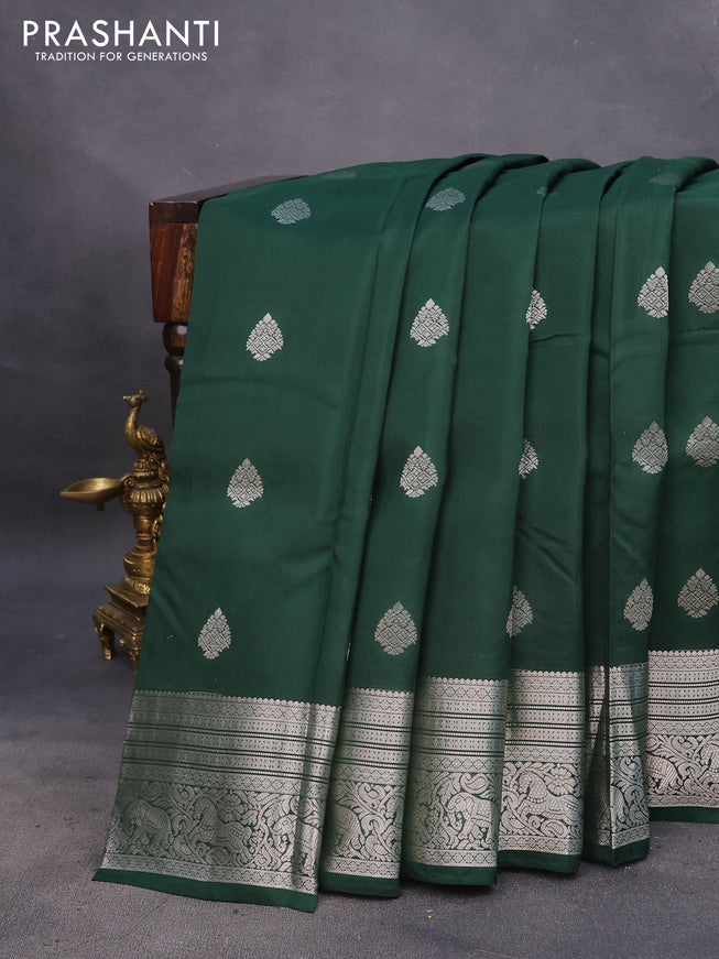 Kanchipuram silk saree bottle green and maroon with silver zari woven buttas and silver zari woven border