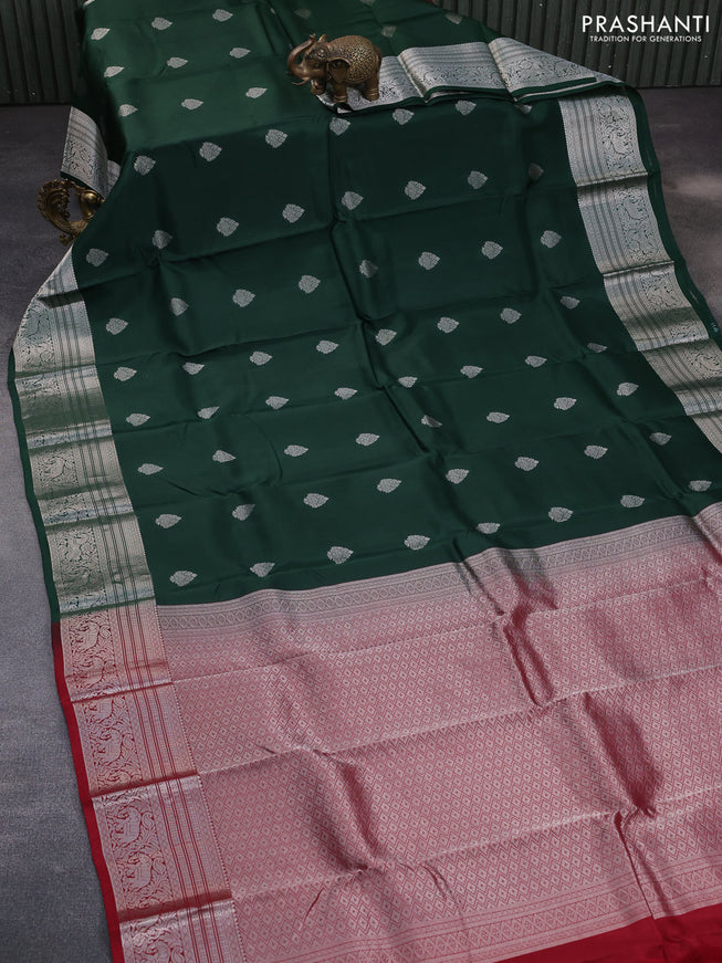 Kanchipuram silk saree bottle green and maroon with silver zari woven buttas and silver zari woven border