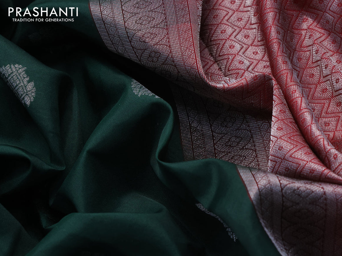 Kanchipuram silk saree bottle green and maroon with silver zari woven buttas and silver zari woven border