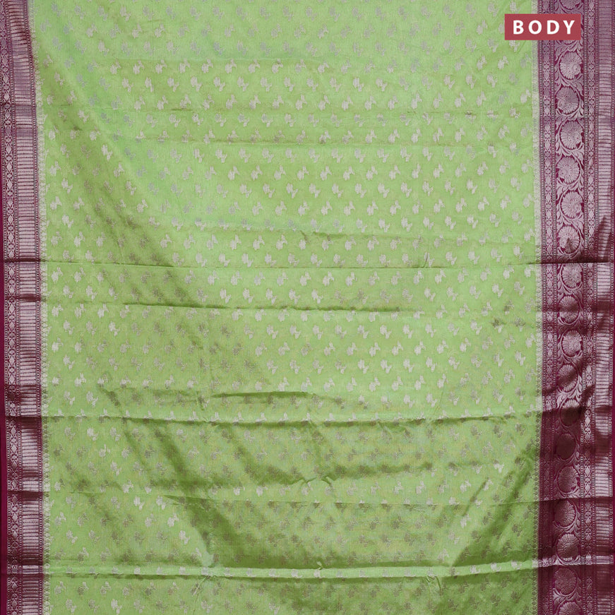 Banarasi semi silk saree pista green and wine shade with allover silver zari woven floral buttas and zari woven border