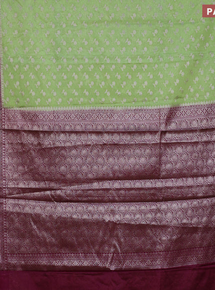 Banarasi semi silk saree pista green and wine shade with allover silver zari woven floral buttas and zari woven border