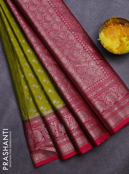 Banarasi semi silk saree lime green and pink with allover silver zari woven floral buttas and zari woven border