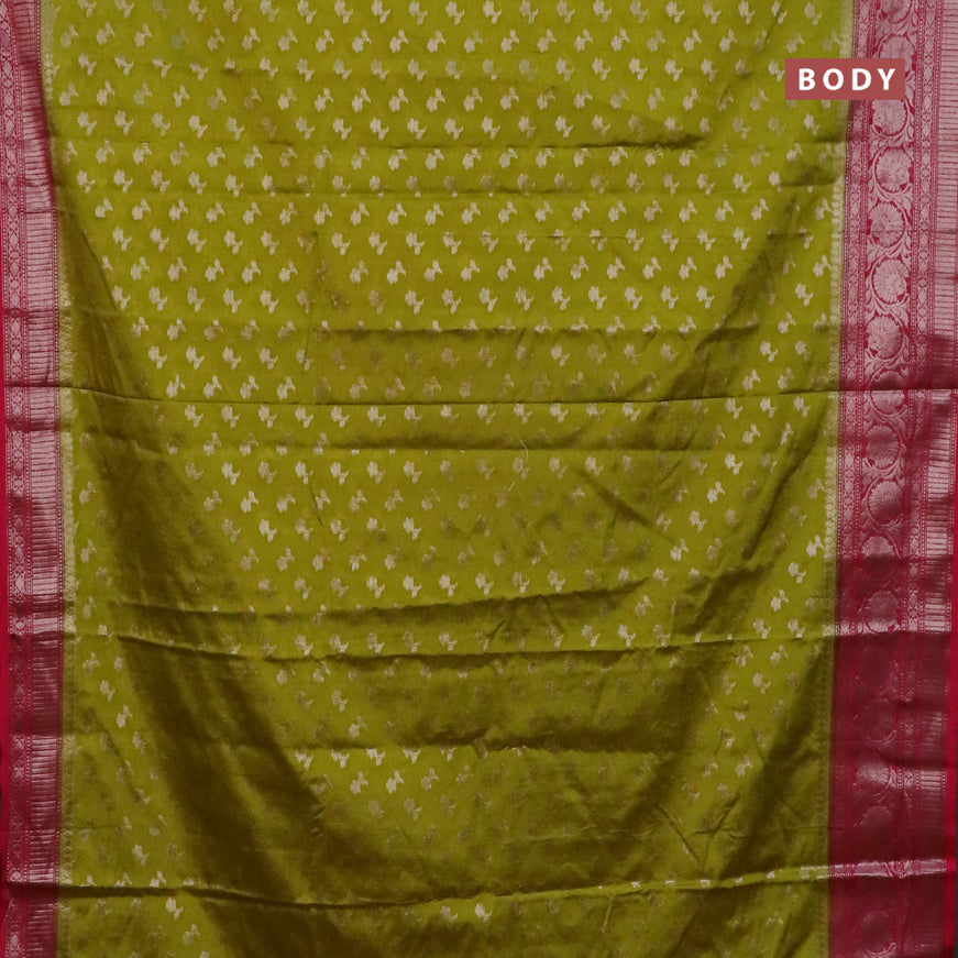 Banarasi semi silk saree lime green and pink with allover silver zari woven floral buttas and zari woven border