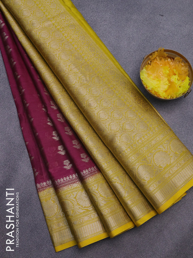 Banarasi semi silk saree magenta pink and yellow with zari woven floral buttas and floral zari woven border