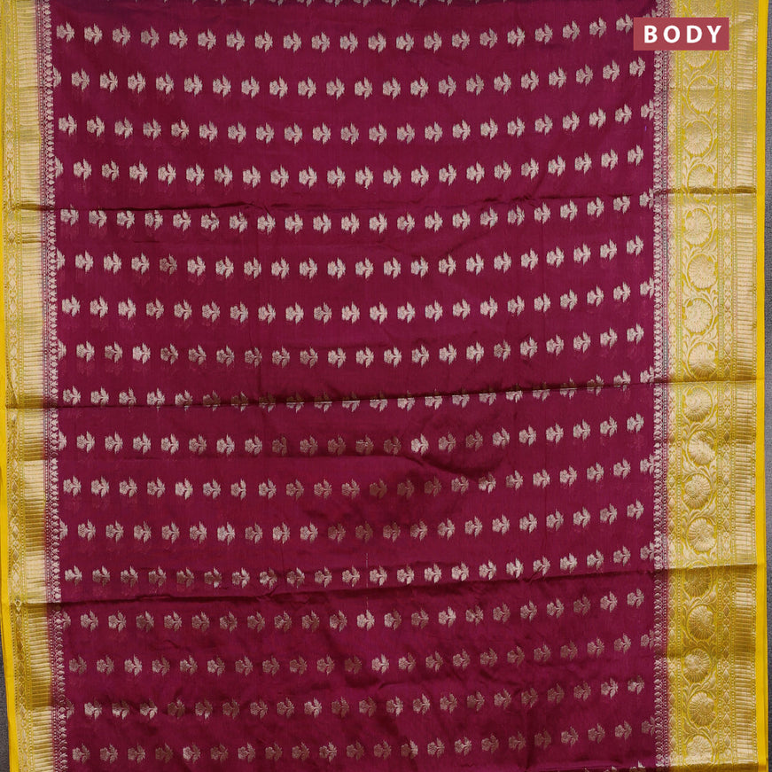 Banarasi semi silk saree magenta pink and yellow with zari woven floral buttas and floral zari woven border