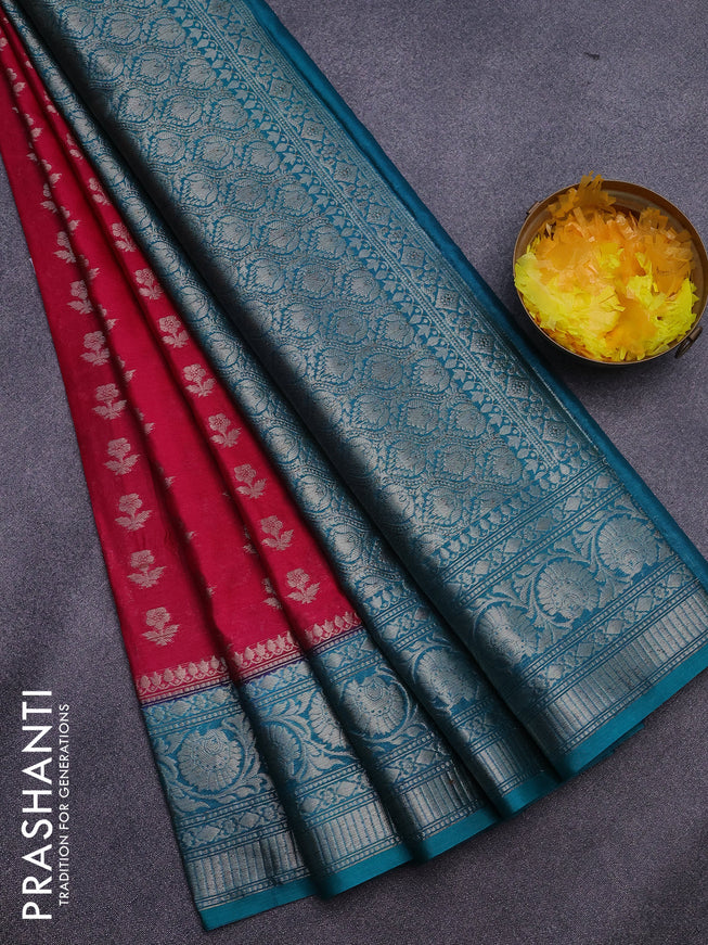 Banarasi semi silk saree pink and teal blue with zari woven floral buttas and floral zari woven border