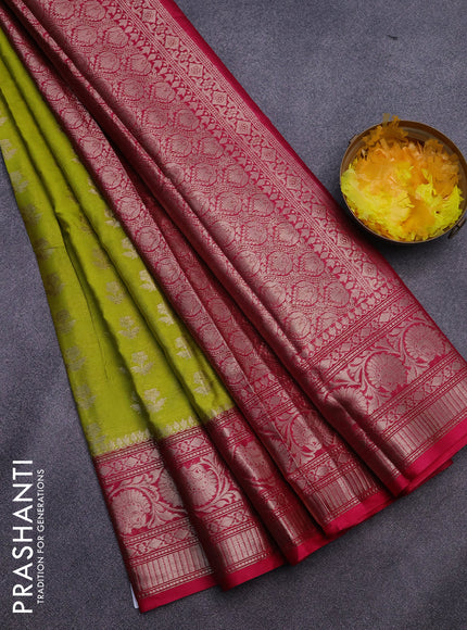 Banarasi semi silk saree lime green and pink with zari woven floral buttas and floral zari woven border