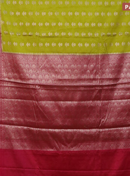 Banarasi semi silk saree lime green and pink with zari woven floral buttas and floral zari woven border