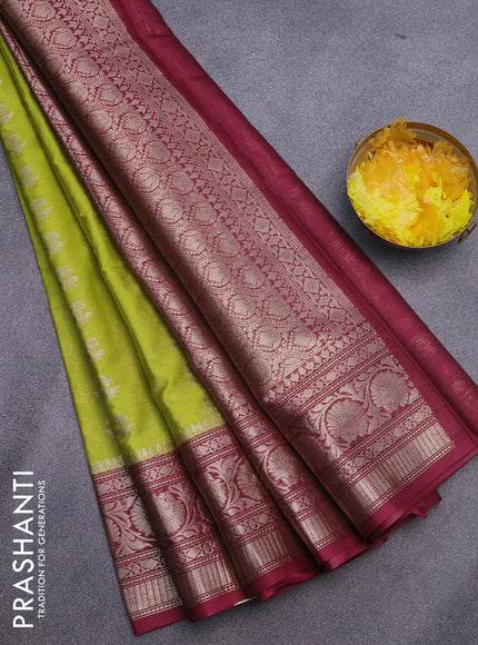 Banarasi semi silk saree lime green and maroon with zari woven floral buttas and floral zari woven border