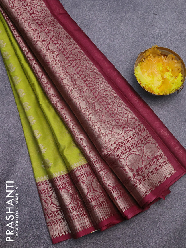 Banarasi semi silk saree lime green and maroon with zari woven floral buttas and floral zari woven border