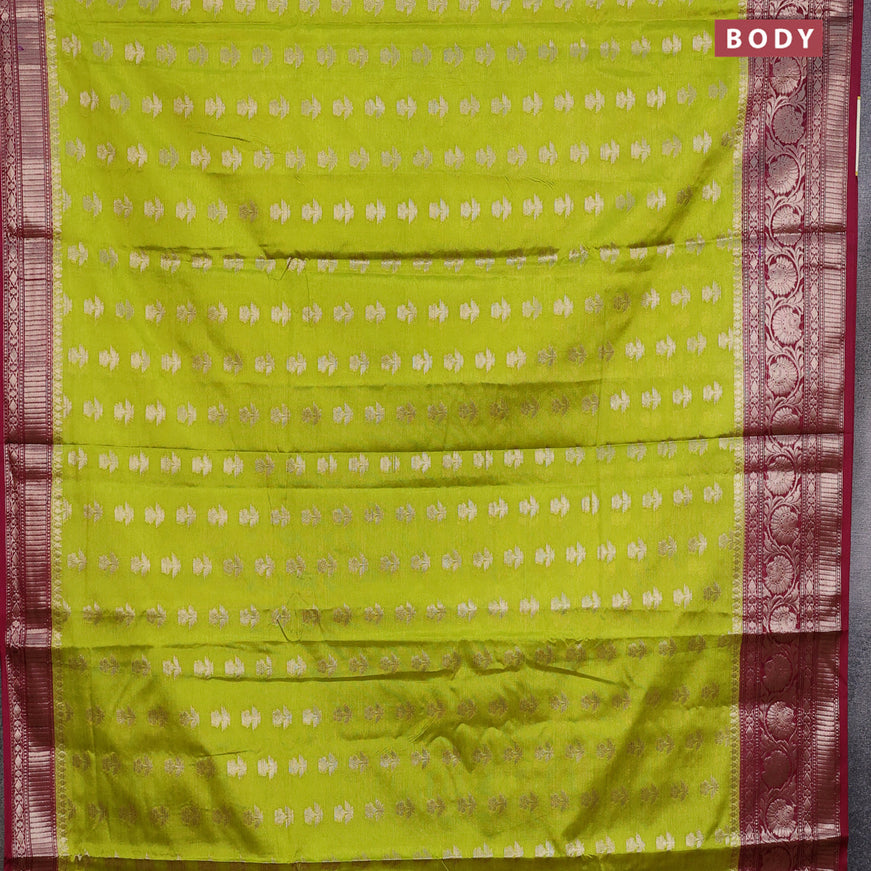 Banarasi semi silk saree lime green and maroon with zari woven floral buttas and floral zari woven border