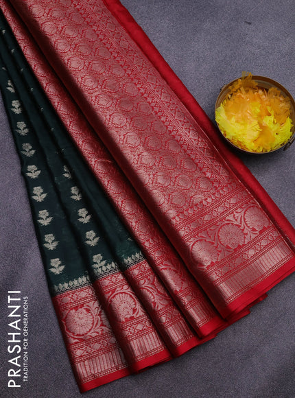 Banarasi semi silk saree green and red with zari woven floral buttas and floral zari woven border