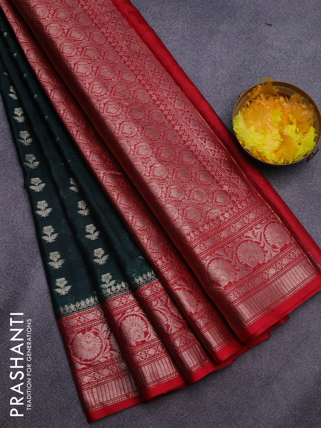 Banarasi semi silk saree green and red with zari woven floral buttas and floral zari woven border